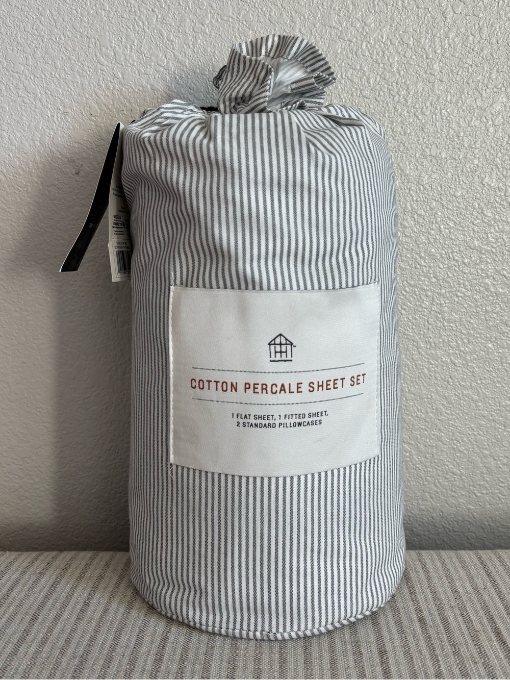 NWT 4pc Queen Cotton Percale Microstripe Sheet Set Railroad Gray/Sour Cream
